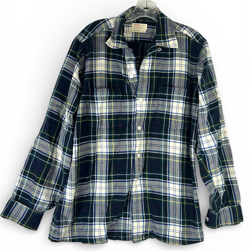 Viyella Hathaway Campbell men flannel dress shirt 15-15 1/2 plaid blue green vtg